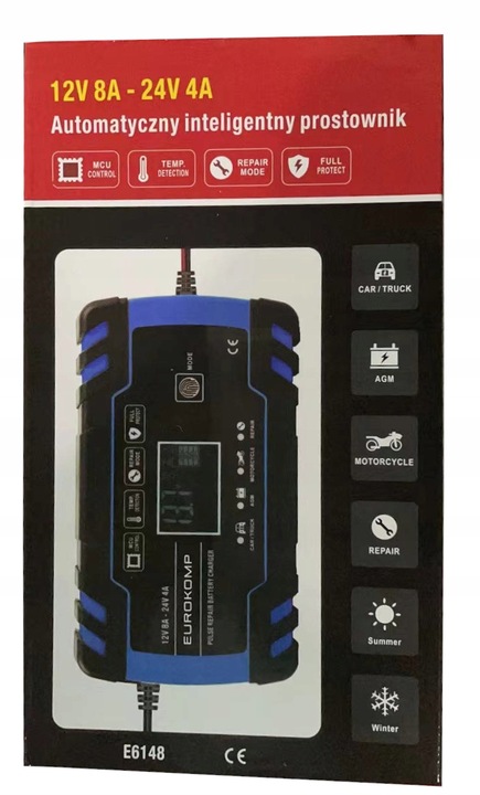PROSTOWNIK ŁADOWARKA DO AKUMULATORA LCD 12V 24V 8A FUNKCJA NAPRAWY AKU.