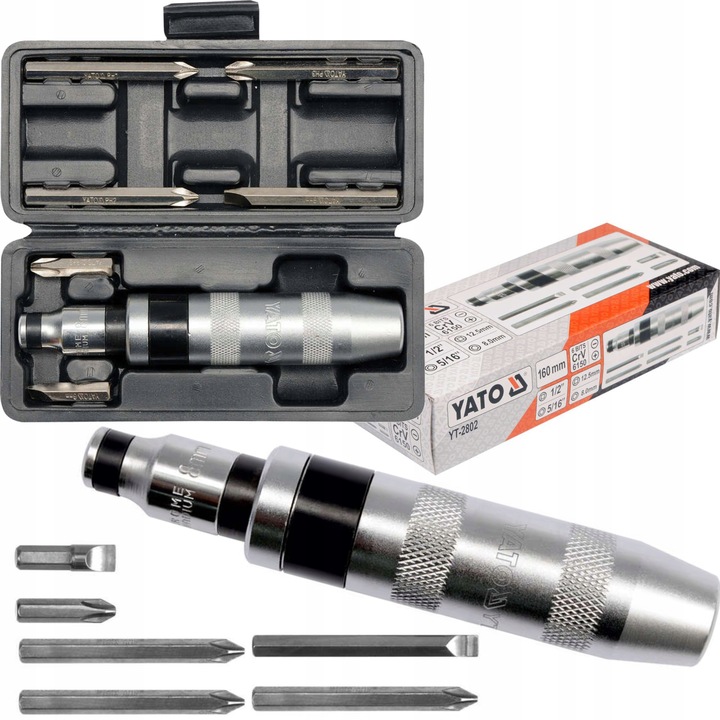 YATO METALOWY WKRĘTAK UDAROWY WYMIENNE KOŃCÓWKI + 6 BITÓW YT-2802 ETUI