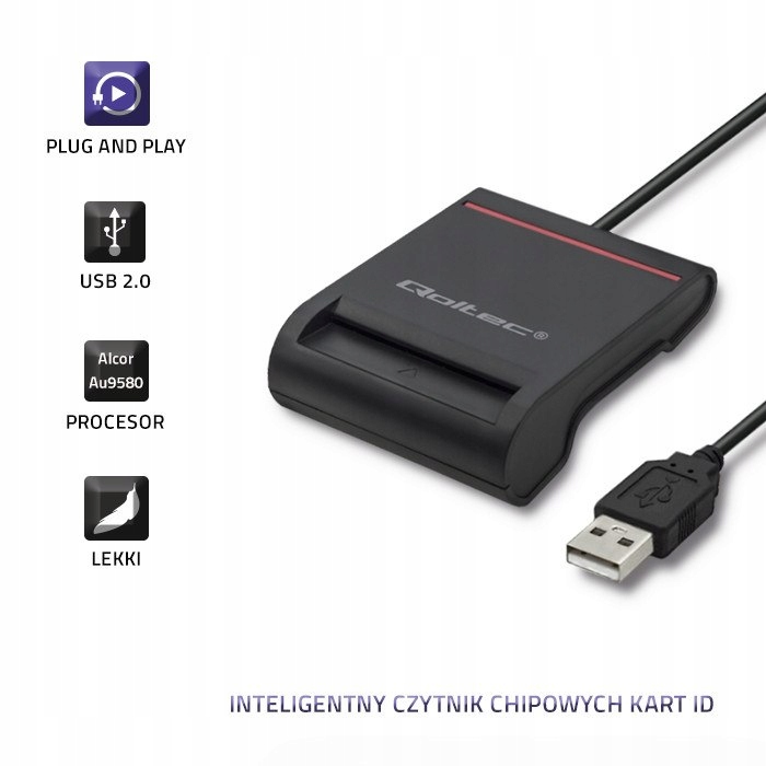 Qoltec Inteligentny czytnik chipowych kart ID SCR-0642 | USB 2.0 + Adapter