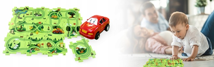 TOR WYŚCIGOWY PUZZLE DO SKŁADANIA AUTKO TRASA ZOO LAS KREATYWNY ZNAKI 25el.