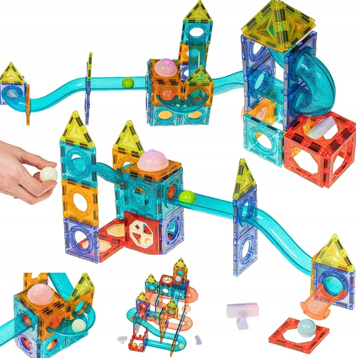 KLOCKI MAGNETYCZNE ŚWIECĄCE STEM 75 ELEMENTÓW TOR KULKOWY LED3+ MAGNA TILES