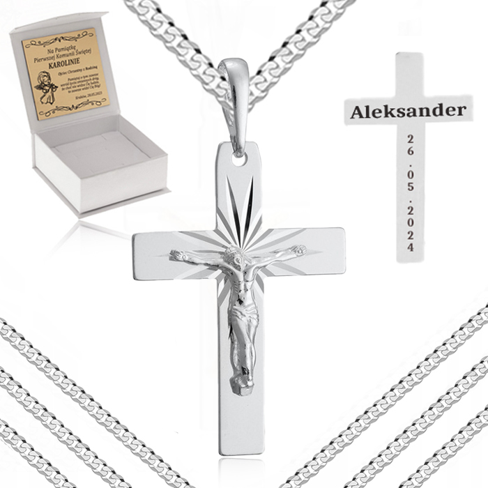 SREBRNY ŁAŃCUSZEK KOMUNIJNY + DUŻY KRZYŻYK JEZUS 925 / DLA CHŁOPCA + GRAWER