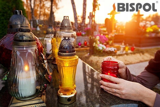 Znicz szklany z wkładem parafinowym 48h Bispol 4059 RÓŻA - 30 cm Biały