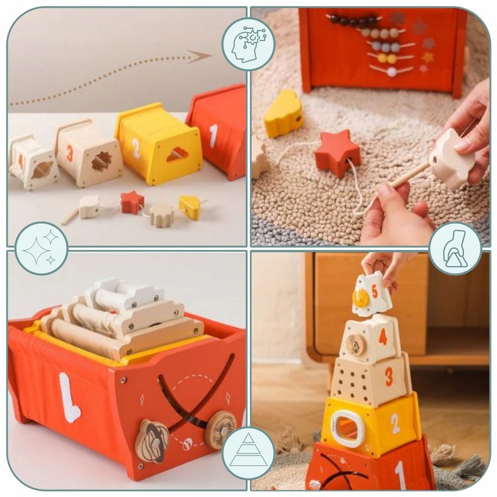 Drewniana piramidka edukacyjna Montessori sorter kształtów, labirynt, cyfry