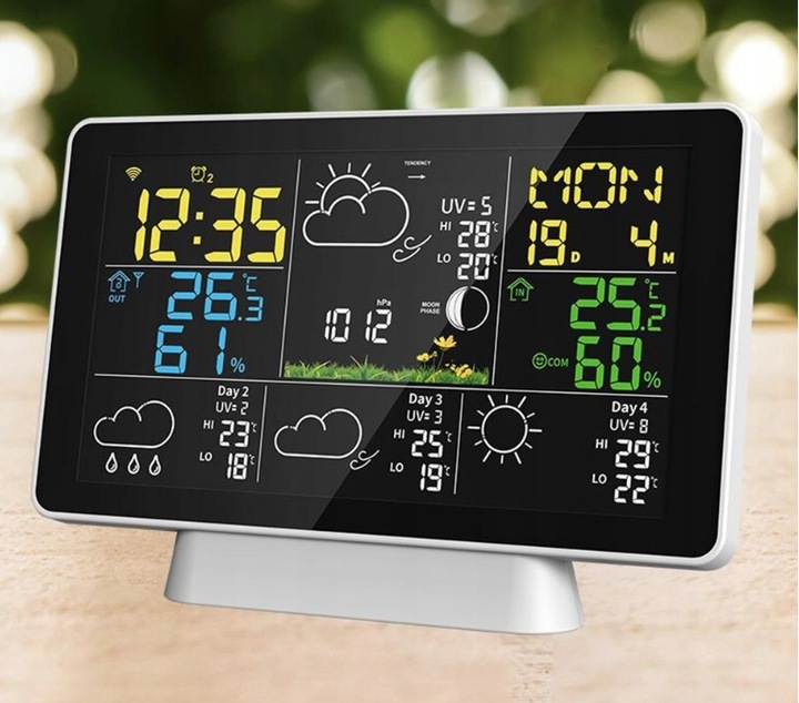 STACJA POGODY WiFi 3 CZUJNIKI UV hPa TEMP WILGOTNOŚĆ FAZY KSIĘŻYCA BUDZIK
