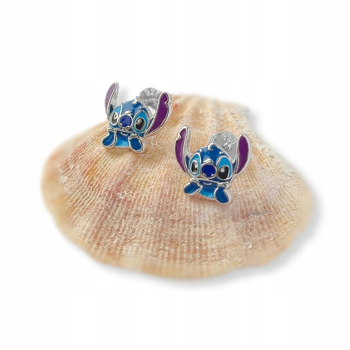 Pr.925 Srebrne bajkowe kolczyki Stich dla dziewczynki - HIT kolorowy Stitch