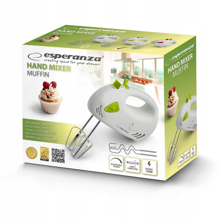 ESPERANZA MIKSER ROBOT RĘCZNY KUCHENNY MUFFIN 150W BIAŁY ZIELONY 7 BIEGÓW