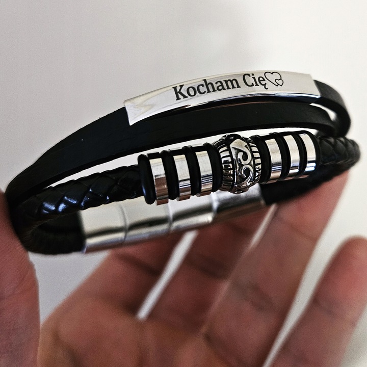 BRANSOLETKA MĘSKA SKÓRZANA SKÓRA GRAWER GRATIS SREBRNA REGULOWANA 21-24CM!