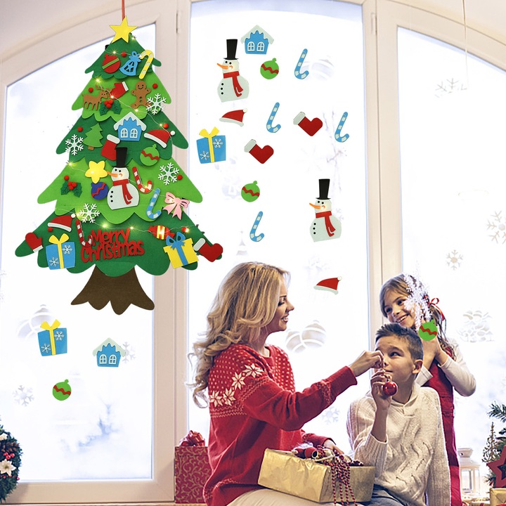 CHOINKA FILCOWA NA RZEPY Z OZDOBAMI DLA DZIECI ŚWIATEŁKA 50 LED NA ŚCIANĘ