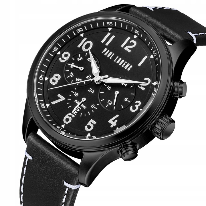 Skórzany zegarek męski Paul Lorens BAYAS z datownikiem -czas dobowy +GRAWER