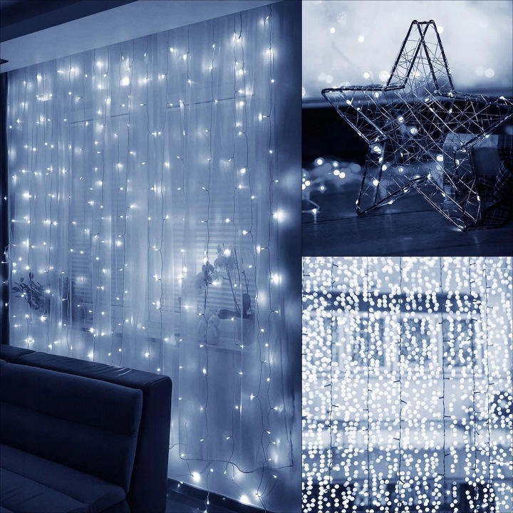 KURTYNA ŚWIETLNA NA BATERIE 300 LED LAMPKI 3x3M 8 FUNKCJI ZIMNE ŚWIATŁO