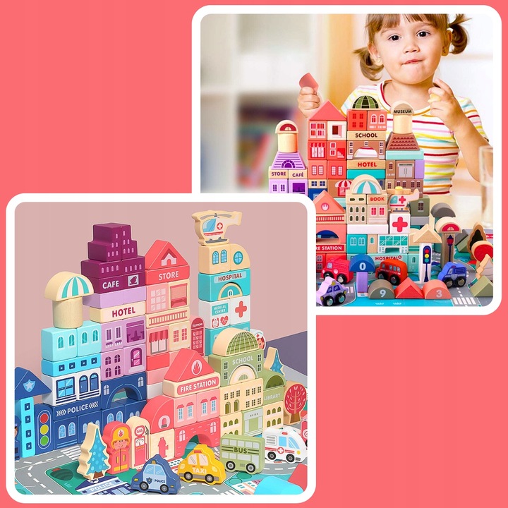 DREWNIANE KLOCKI ZESTAW DROGA MIASTO AUTA 115 ELEMENTÓW MATA PUZZLE