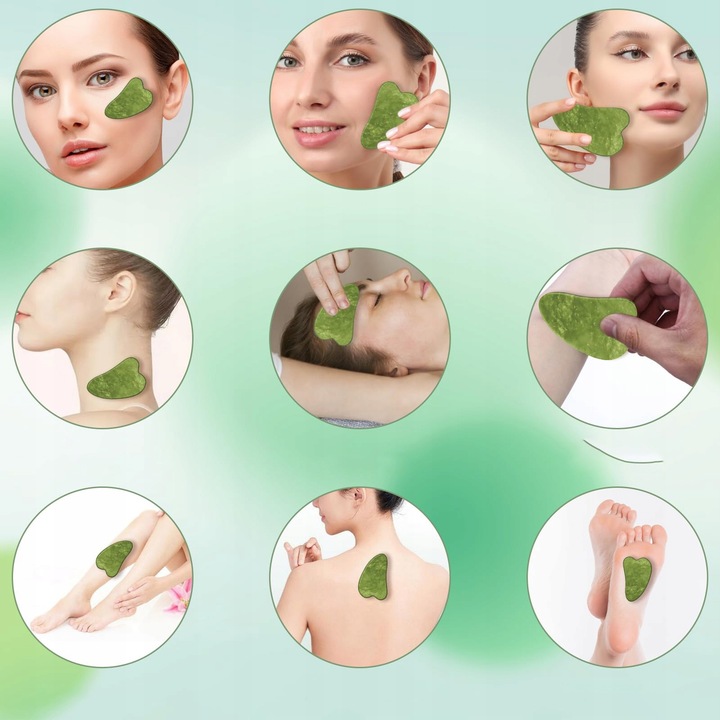 3w1 Masażer do twarzy KAMIEŃ GUA SHA z jadeitu zestaw roller wałek masażu