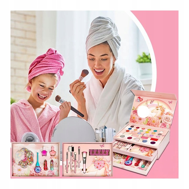 KOSMETYKI DLA DZIECI W SZKATUŁCE JEDNOROŻEC KORALIKI CIENIE LAKIERY KUFEREK