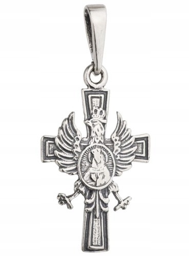 Srebrny Wisiorek Krzyżyk Oksydowany Patriotyczny z Orłem i Matką Boską 925