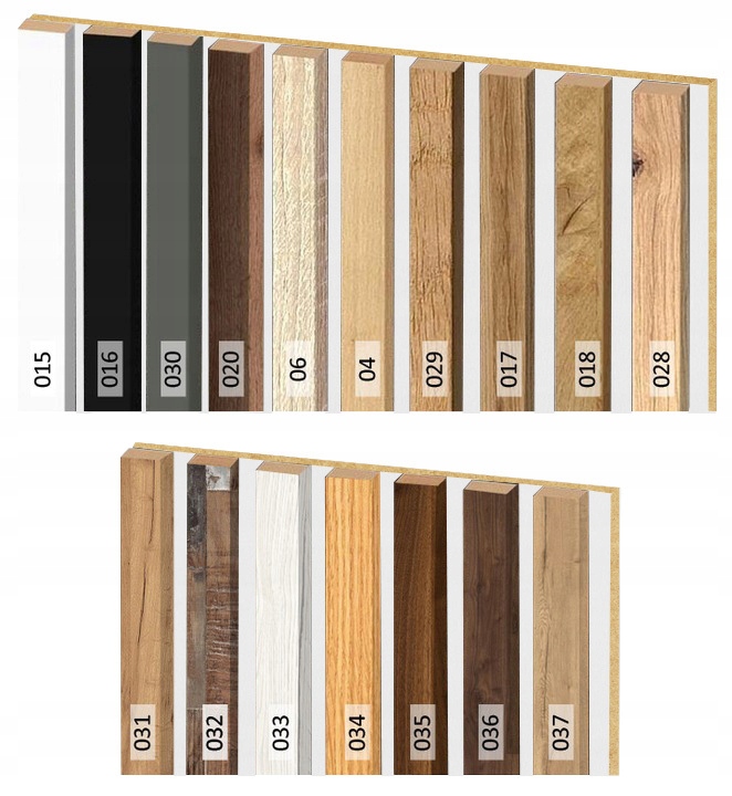 Lamele ścienne na BIAŁEJ PŁYCIE 55 x 275 dąb naturalny, wotan różne kolory