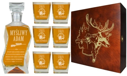 KARAFKA + 6 SZKLANEK DO WHISKY W PUDEŁKU Z GRAWEREM PREZENT DLA MYŚLIWEGO