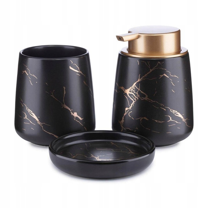 Komplet łazienkowy Sally Black Gold zestaw 3 el dozownik mydelniczka GLAM