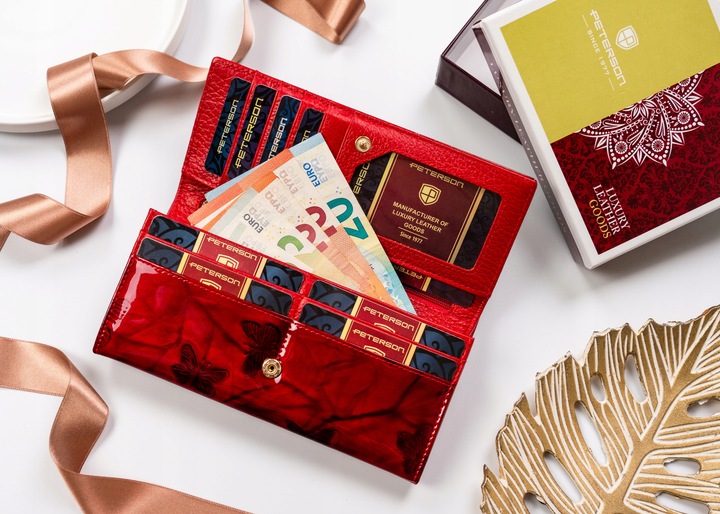 Portfel damski skórzany PETERSON duży czerwony super pojemny RFID STOP kart