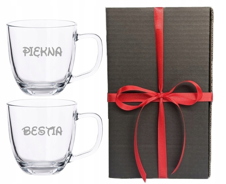 2 Duże Szklane Kubki Grawer LOGO 420ml Prezent dla pary Walentynki WZORY