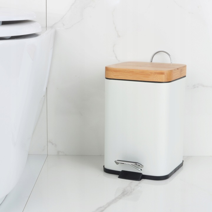 KOSZ NA ŚMIECI ŁAZIENKOWY 3L BIAŁY BAMBUS METAL do WC łazienki kwadratowy