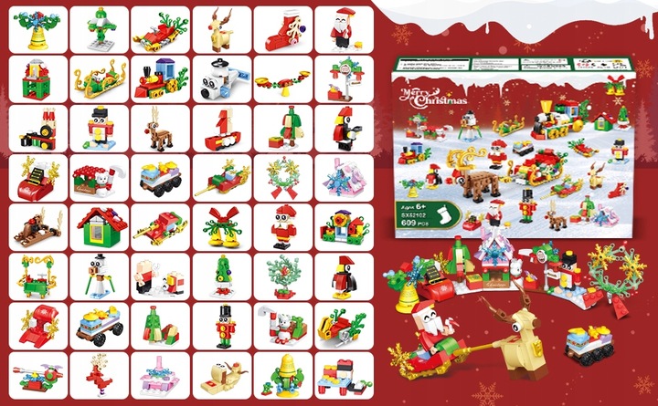 KALENDARZ ADWENTOWY DLA DZIECI KLOCKI ŚWIĄTECZNE 50w1 MIKOLAJ FIGURKA 609el