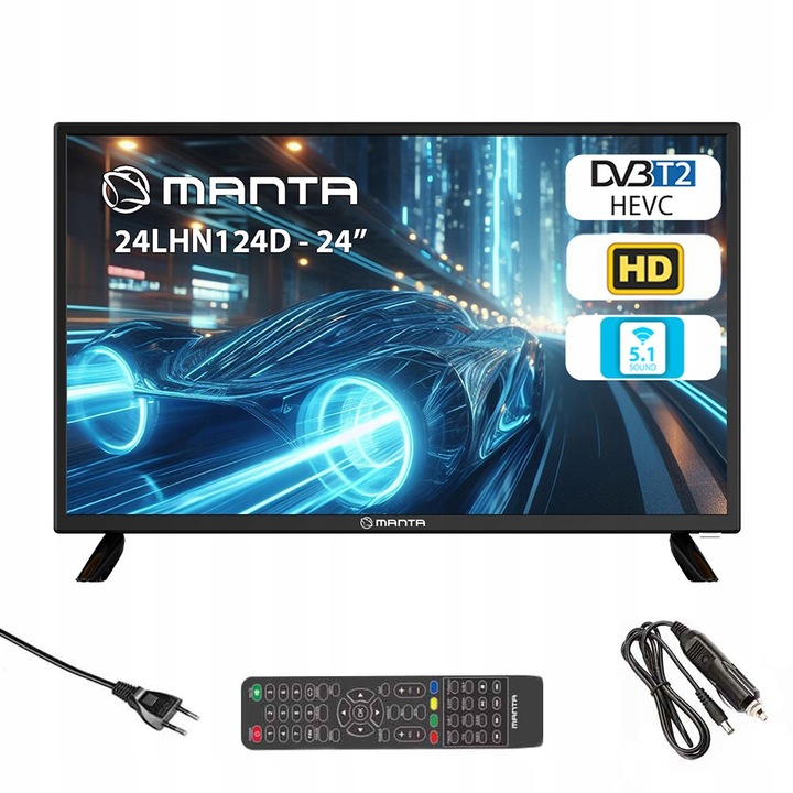 Telewizor 24 cale TV przenośny HD LED tuner dekoder DVBT2 USB 12V