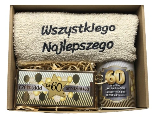PREZENT NA URODZINY 18-70 Zestaw Kosz Prezentowy Ręcznik Kubek Czekolada