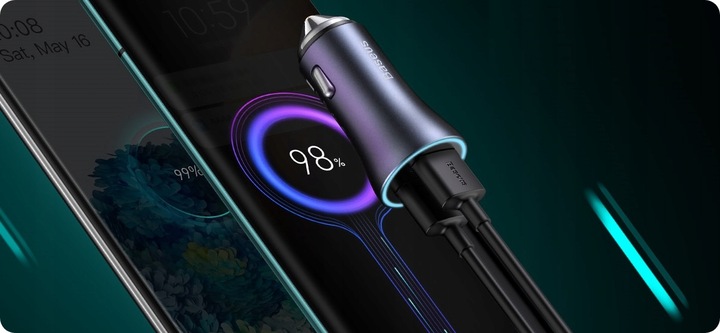 BASEUS SZYBKA ŁADOWARKA SAMOCHODOWA DO TELEFONU 40W 5A USB QC 4.0 KABEL