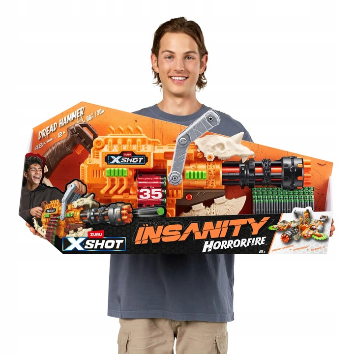 MINIGUN X-SHOT HORRORFIRE DUŻY PISTOLET KARABIN DREAD HAMMER + GOGLE NERF