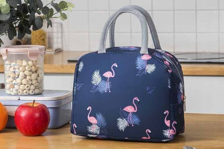 Torebka Termiczna LUNCH BOX Izolowana Na Jedzenie Błękitna Różowe Flamingi
