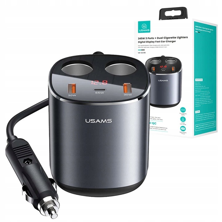 ROZGAŁĘŹNIK + ŁADOWARKA DO AUTA 2x USB USB-C 245W