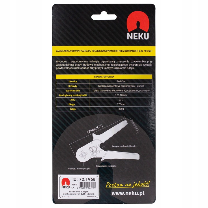 Zaciskarka do Tulejek Praska do Kabli Konektorów Końcówek 0,25-10mm2 NEKU