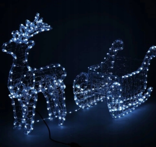 Renifer Świąteczny z Saniami Figurka Świecący LED NIEBIESKI Zewnętrzny Duży