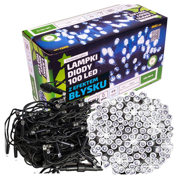 Lampki SOPLE Zewnętrzne GRUBE 100 LED 4,25m ZIMNE BIAŁE + FLASH + Gniazdo