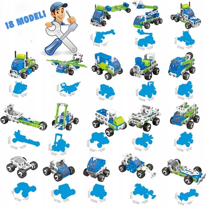 KLOCKI KONSTRUKCYJNE EDUKACYJNE CIĘŻARÓWKA SAMOLOT POJAZDY BUDOWLANE 18w1