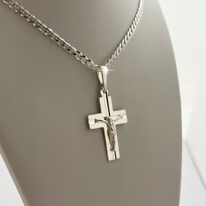 SREBRNY ŁAŃCUSZEK PANCERKA + KRZYŻYK Z JEZUSEM NA KOMUNIĘ CHRZEST + GRAWER