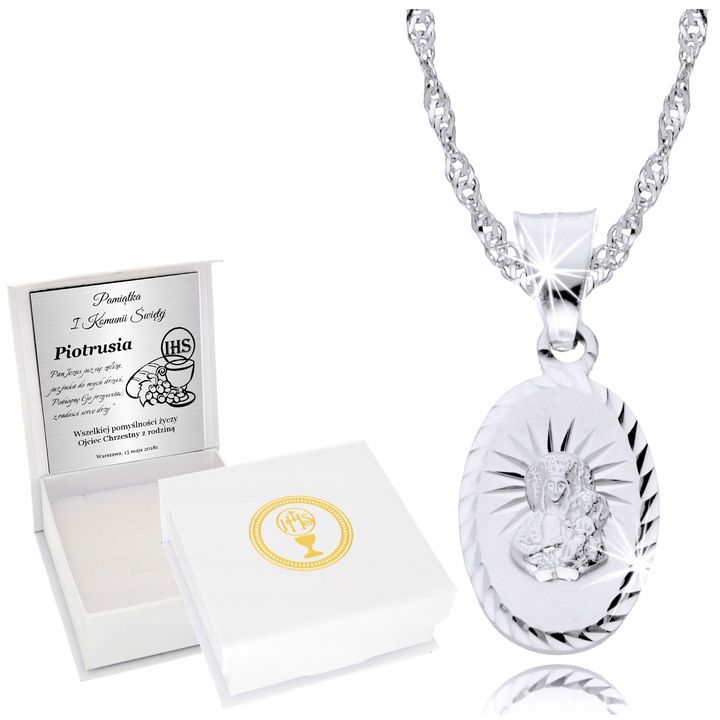 Srebrny Łańcuszek z Medalikiem SREBRO 925 Roczek Chrzest Komunia Grawer