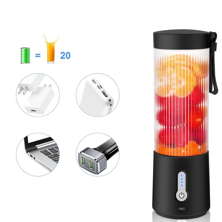 Blender do Koktajli 450ml z 6 Nierdzewnymi Żmijkami i 2000mAh Baterią