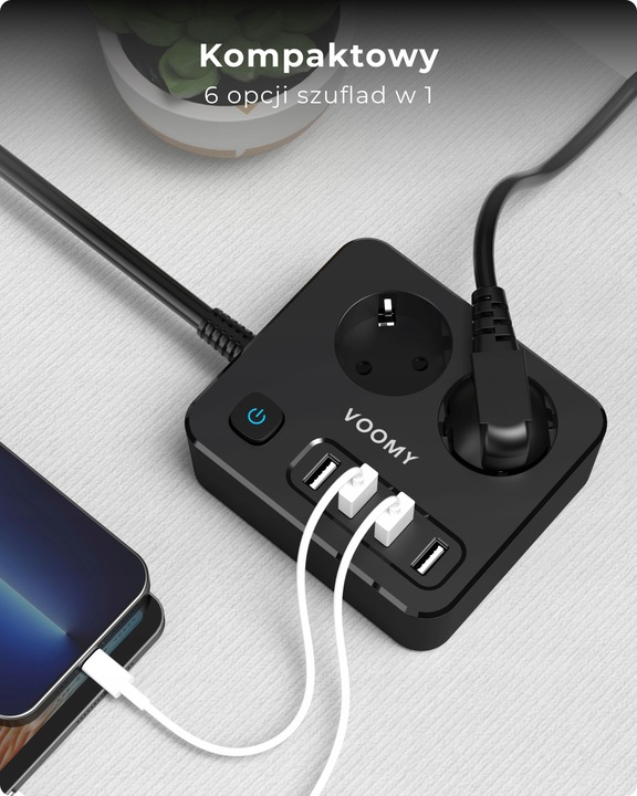 Voomy S2 6-w-1 Listwa Zasilająca: 2x Gniazda, 4x USB 3.1A, 4000W, 2m Kabel