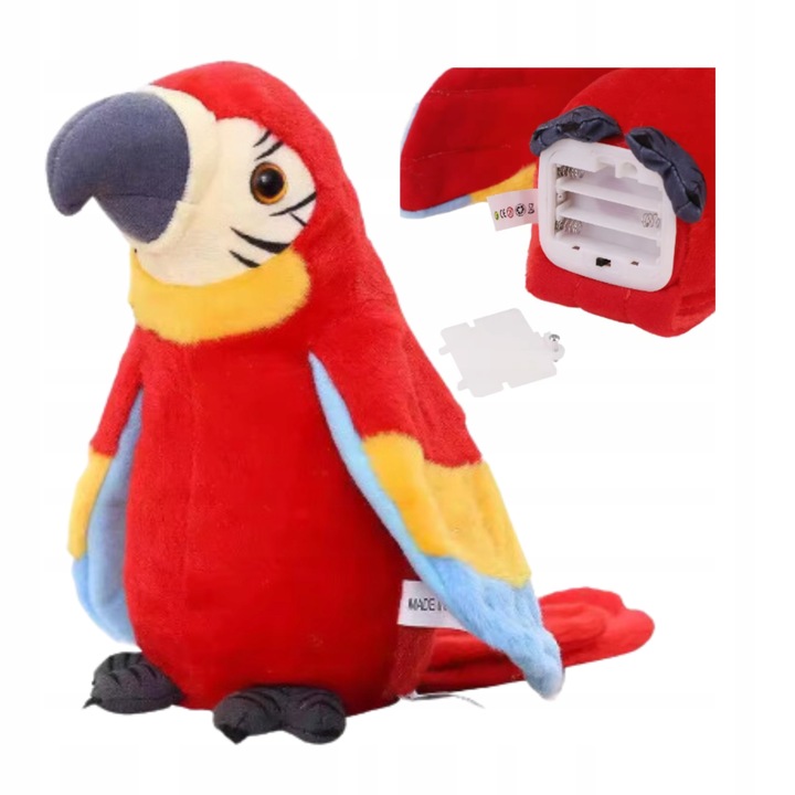 PAPUGA CZERWONA GADAJĄCA MÓWI POWTARZA MASKOTKA POWTARZAJĄCA