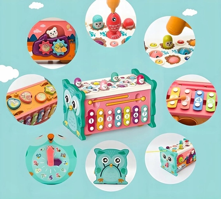 MAGICZNA EDUKACYJNE PUDEŁKO WBIJAK ZEGAR SÓWKA MŁOTEK