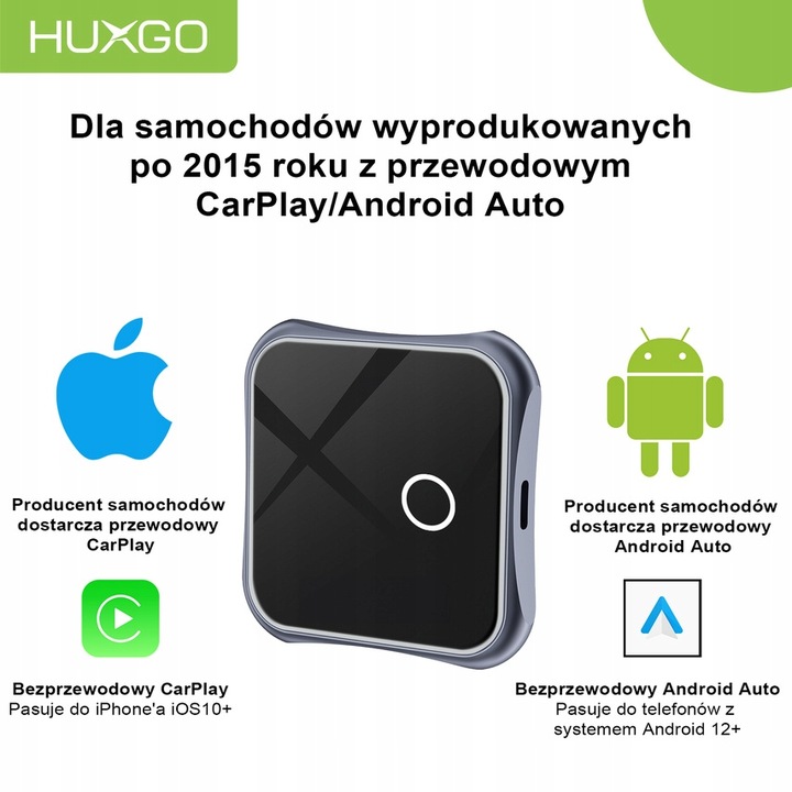 HUXGO bezprzewodowy adapter 2w1 do Apple CarPlay i Android Auto BY963A