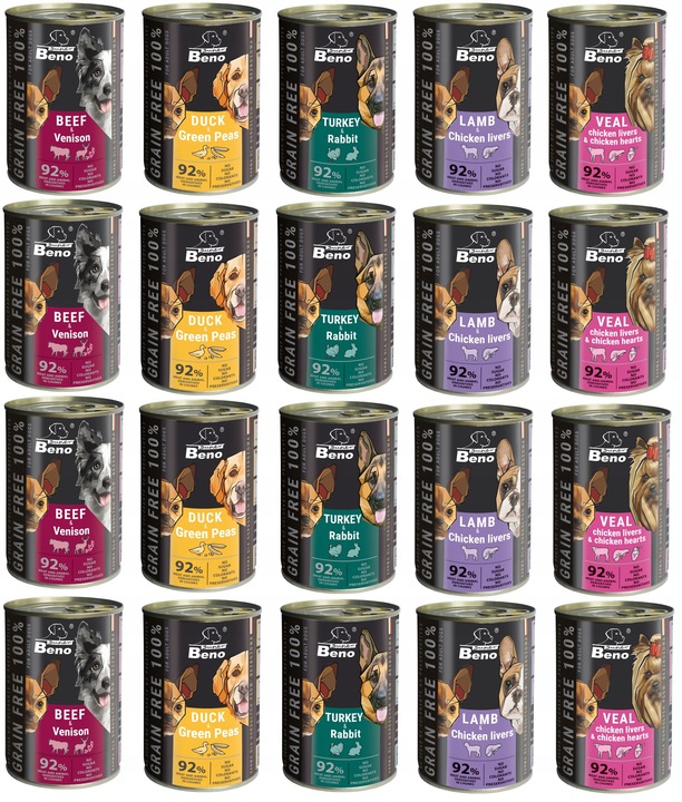 Beno Bezzbożowa Mokra Karma dla psów MIX 20x 415g Puszki dla psa 92% Mięsa