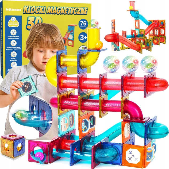 KLOCKI MAGNETYCZNE EDUKACYJNE DUŻE PŁYTKI TOR KULKOWY ZESTAW 76 ELEMENTÓW