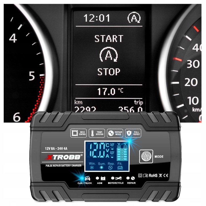 Prostownik SAMOCHODOWY AUTOMATYCZNY Z FUNKCJĄ NAPRAWY AKUMULATORÓW 12V 24V