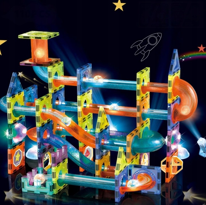 KLOCKI MAGNETYCZNE ŚWIECĄCY TOR KULKOWY 110 ELEMENTÓW KULODROM ZESTAW