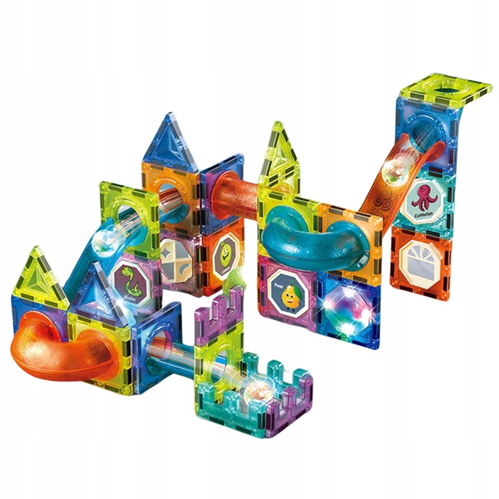 KLOCKI MAGNETYCZNE ŚWIECĄCE STEM 75 ELEMENTÓW TOR KULKOWY LED3+ MAGNA TILES