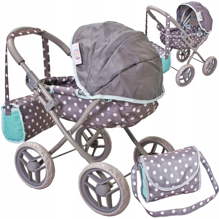 Wózek dla lalek GŁĘBOKI GONDOLA - SKŁADANY DASZEK - DUŻE KOŁA + TORBA Doris