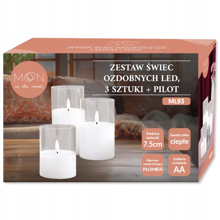 3 ŚWIECE ŚWIECZKI OZDOBNE LED SZKŁO DEKORACYJNE ŚWIĄTECZNE + PILOT
